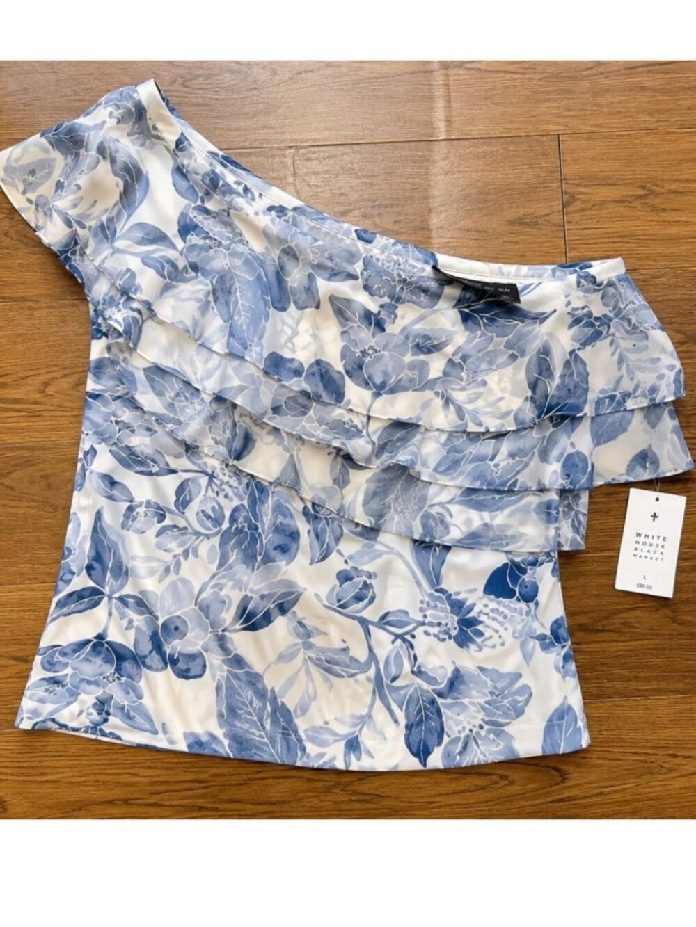 White House Black Market Blue Floral One Shoulder Ruffle Blouse NWT Large